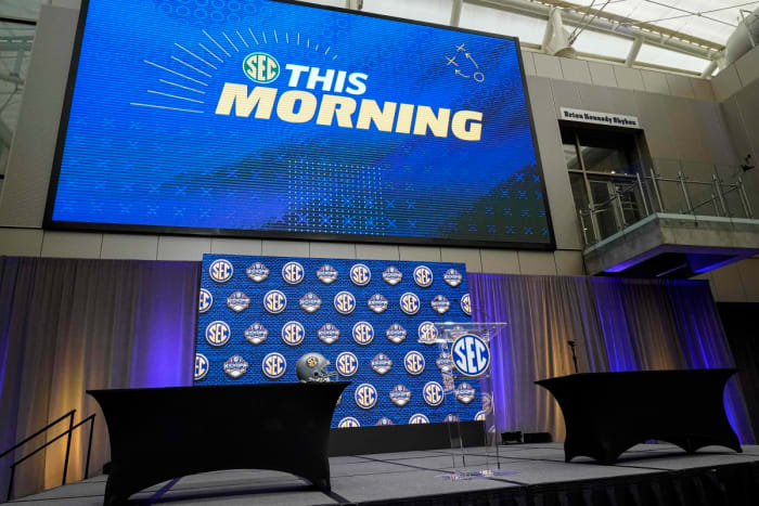 Jul 18, 2022; Atlanta, GA, USA; General views of the stage prior to the start of the SEC Media Days at the College Football Hall of Fame. Mandatory Credit: Dale Zanine-USA TODAY Sports